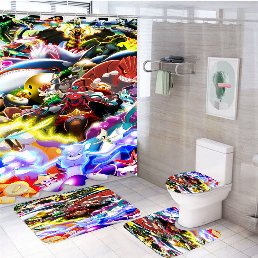 Pokemon Legendary Monster 4Pcs Bathroom Non-Slip Rugs Shower Curtain Fabric Waterproof