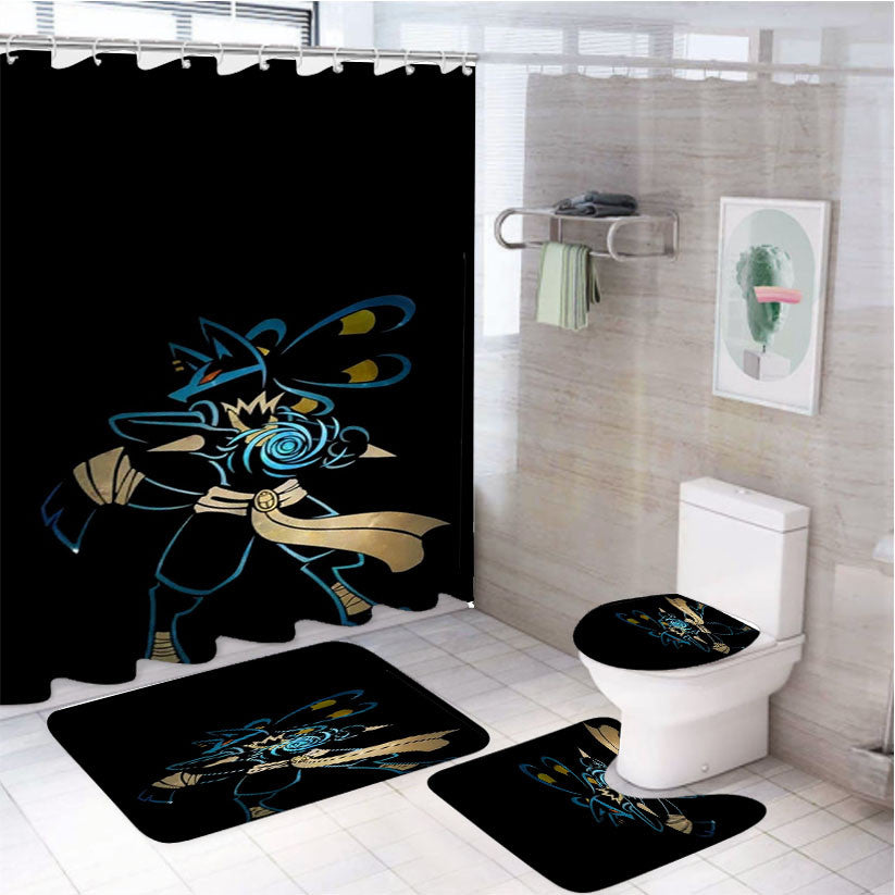 Pokemon Lucario Night Silhouette 4Pcs Bathroom Non-Slip Rugs Shower Curtain Fabric Waterproof