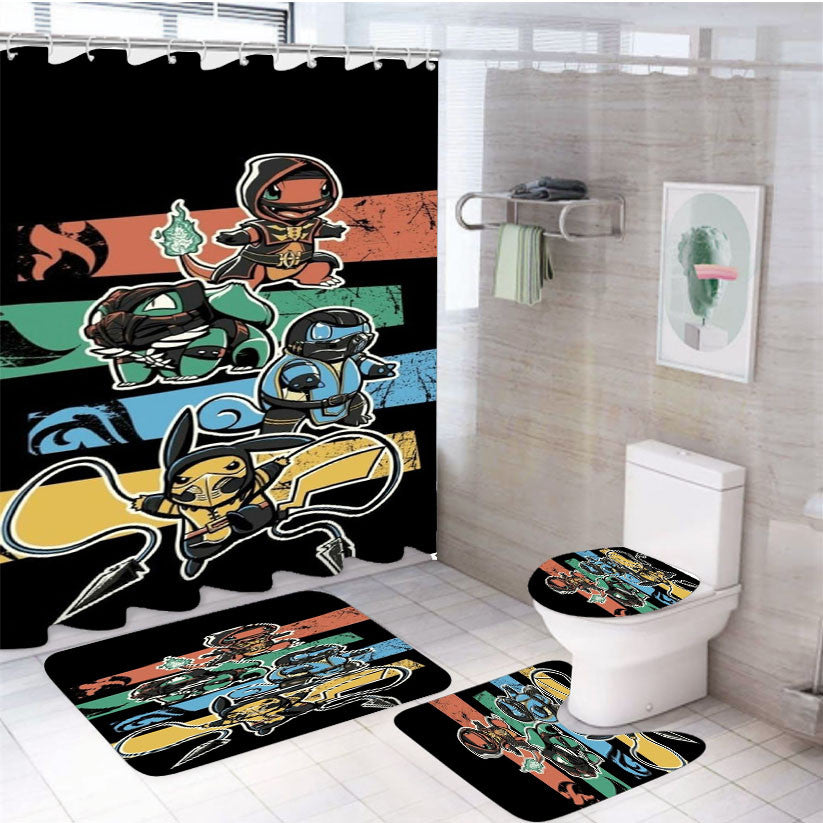 Pokemon Mortal Kombat 4Pcs Bathroom Non-Slip Rugs Shower Curtain Fabric Waterproof