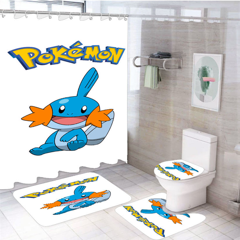 Pokemon Mudkip Pokedex 4Pcs Bathroom Non-Slip Rugs Shower Curtain Fabric Waterproof