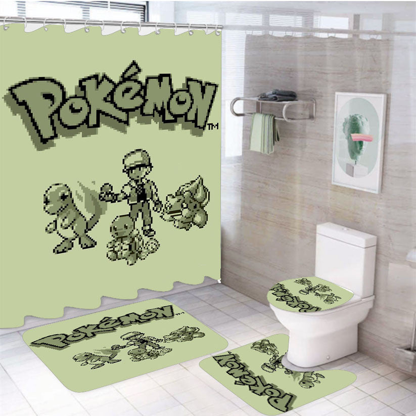 Pokemon Old Retro Game 4Pcs Bathroom Non-Slip Rugs Shower Curtain Fabric Waterproof