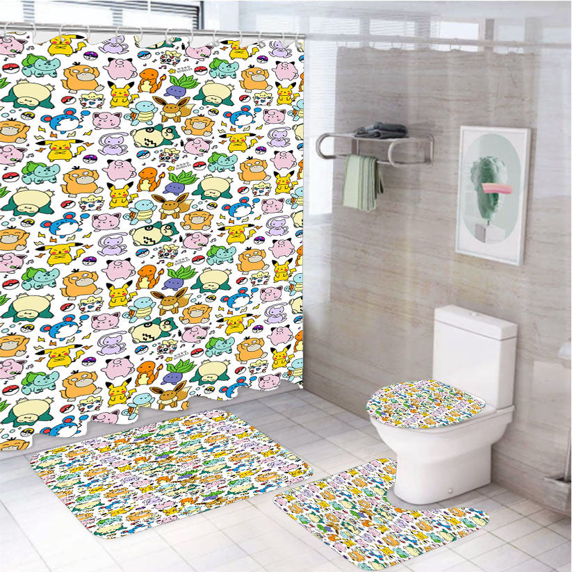 Pokemon Pattern 4Pcs Bathroom Non-Slip Rugs Shower Curtain Fabric Waterproof