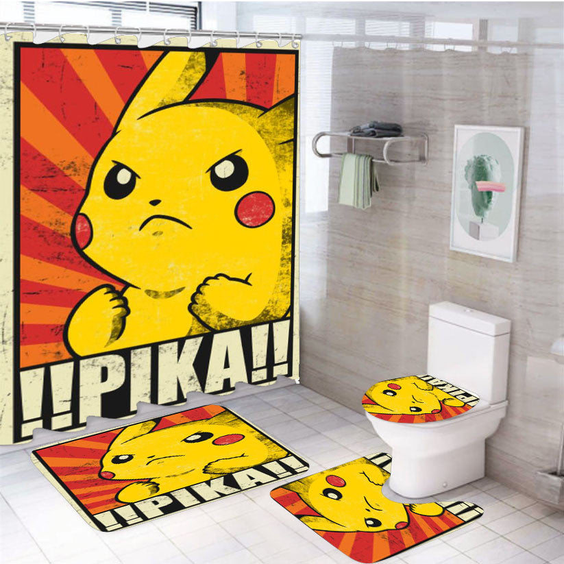 Pokemon Pika Pikachu Japan 4Pcs Bathroom Non-Slip Rugs Shower Curtain Fabric Waterproof