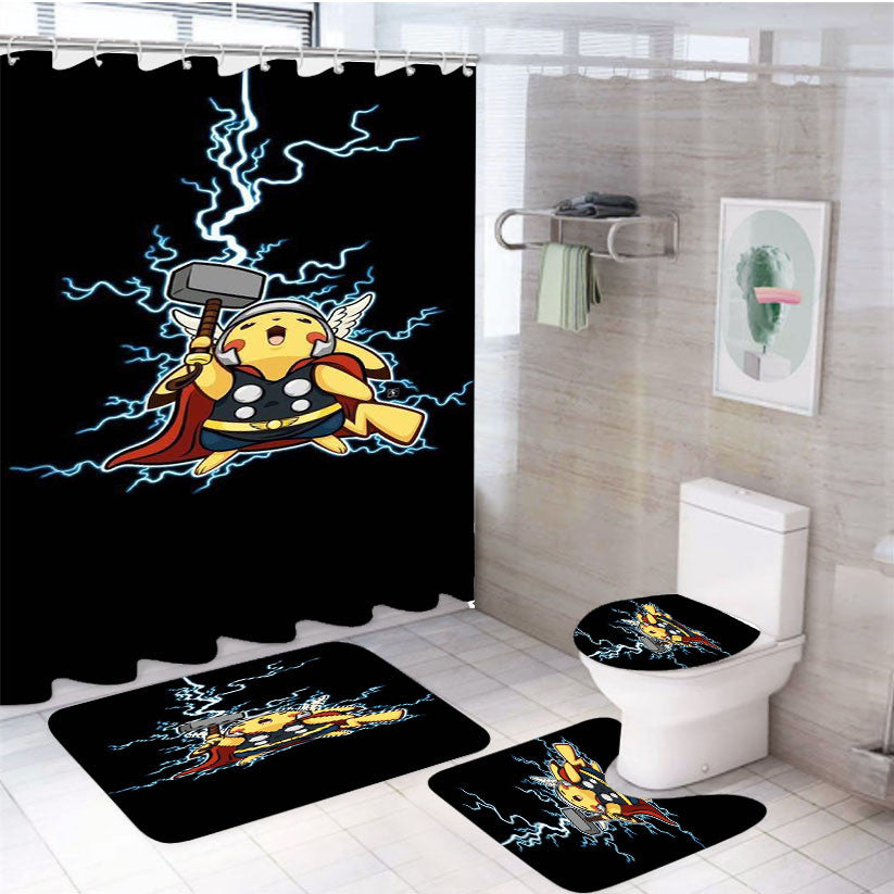 Pokemon Pikach 4Pcs Bathroom Non-Slip Rugs Shower Curtain Fabric Waterproof