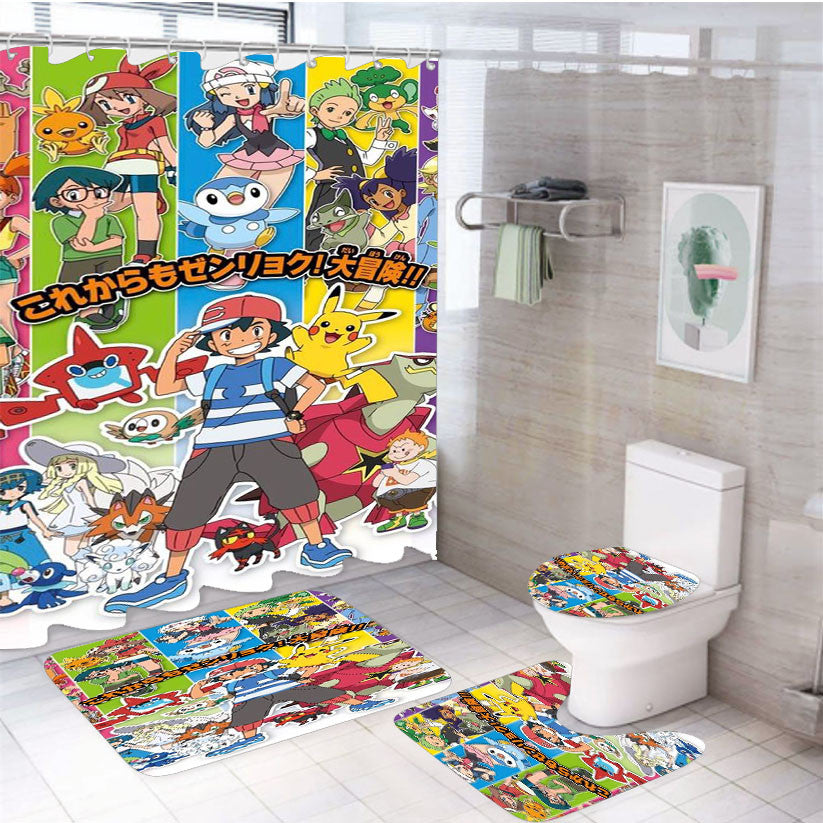 Pokemon Pikachu And 4Pcs Bathroom Non-Slip Rugs Shower Curtain Fabric Waterproof
