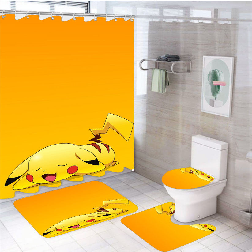 Pokemon Pikachu Cute 4Pcs Bathroom Non-Slip Rugs Shower Curtain Fabric Waterproof