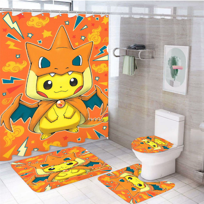 Pokemon Pikachu Dragon 4Pcs Bathroom Non-Slip Rugs Shower Curtain Fabric Waterproof