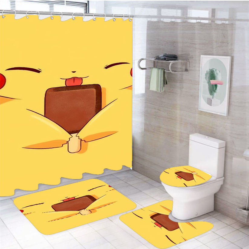 Pokemon Pikachu Happy 4Pcs Bathroom Non-Slip Rugs Shower Curtain Fabric Waterproof