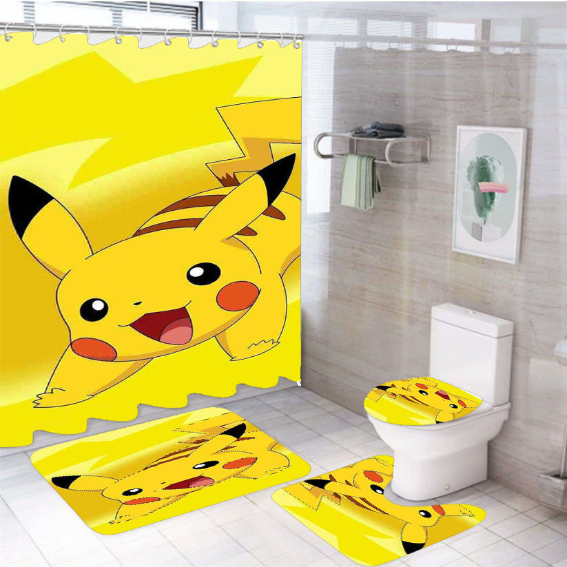 Pokemon Pikachu Happy Laugh 4Pcs Bathroom Non-Slip Rugs Shower Curtain Fabric Waterproof