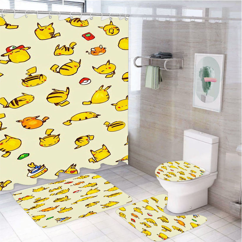 Pokemon Pikachu Pattern 4Pcs Bathroom Non-Slip Rugs Shower Curtain Fabric Waterproof