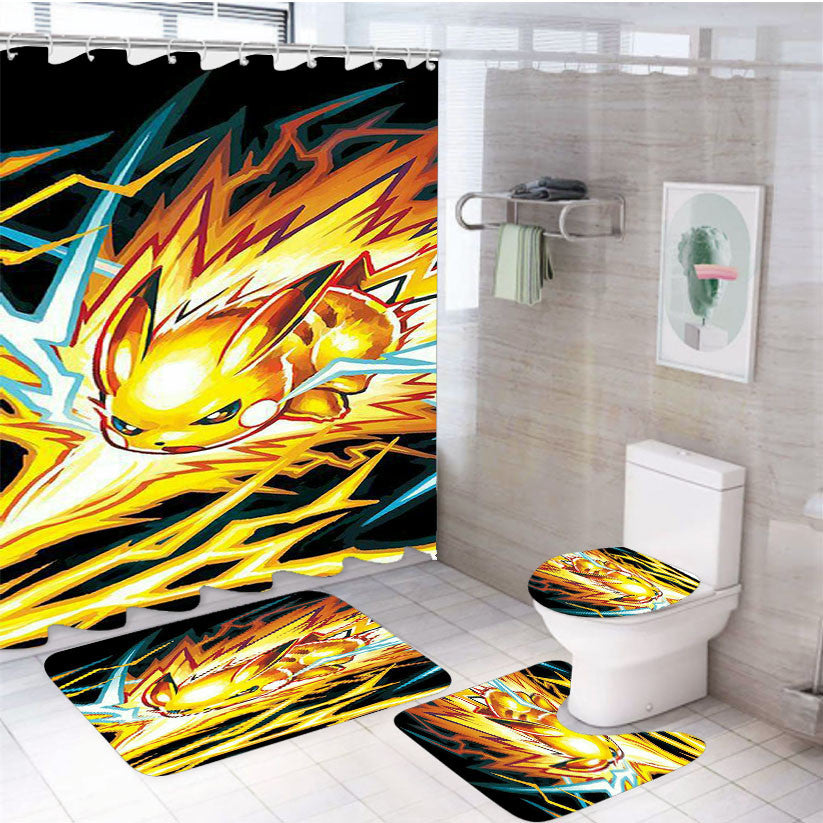 Pokemon Pikachu Storm 4Pcs Bathroom Non-Slip Rugs Shower Curtain Fabric Waterproof