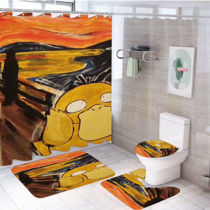 Pokemon Scream Duck Art 4Pcs Bathroom Non-Slip Rugs Shower Curtain Fabric Waterproof
