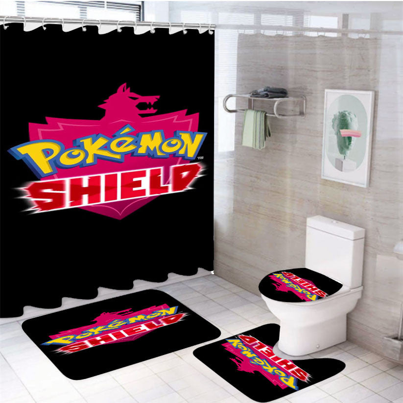 Pokemon Sword Shiel 4Pcs Bathroom Non-Slip Rugs Shower Curtain Fabric Waterproof