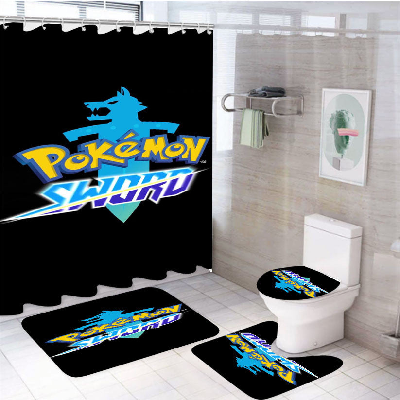 Pokemon Sword Shield 4Pcs Bathroom Non-Slip Rugs Shower Curtain Fabric Waterproof