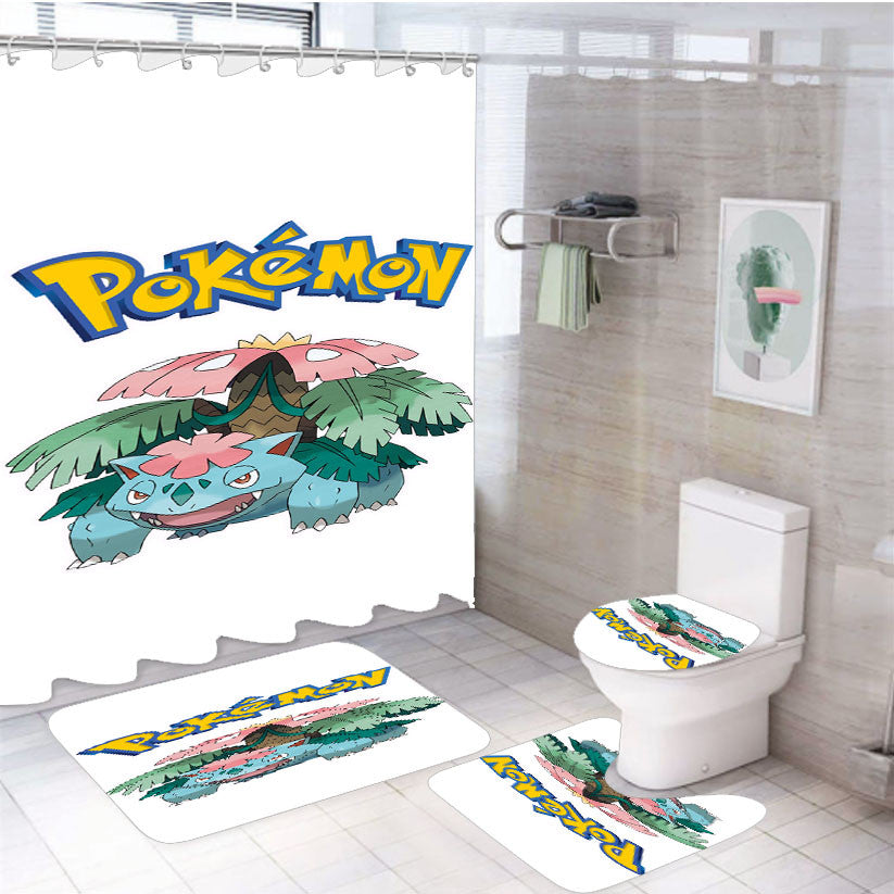 Pokemon Venusaur Pokedex 4Pcs Bathroom Non-Slip Rugs Shower Curtain Fabric Waterproof