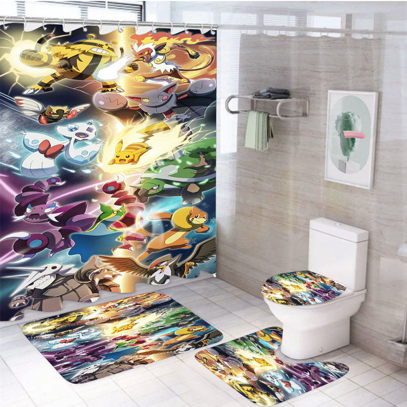 Pokemon Versus All Monster 4Pcs Bathroom Non-Slip Rugs Shower Curtain Fabric Waterproof