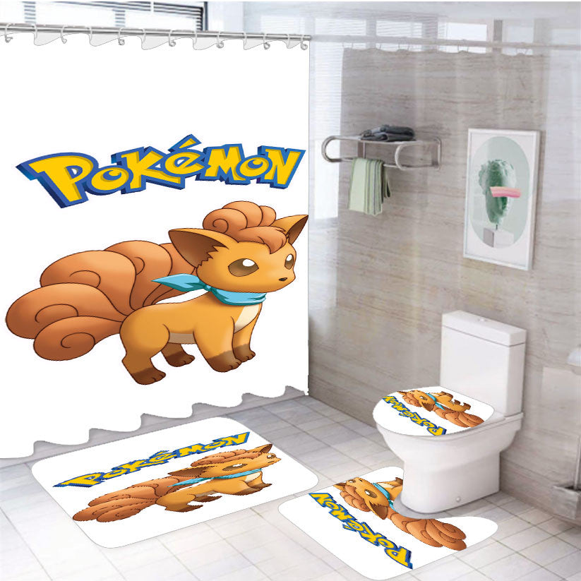 Pokemon Vulpix Pokedex 4Pcs Bathroom Non-Slip Rugs Shower Curtain Fabric Waterproof