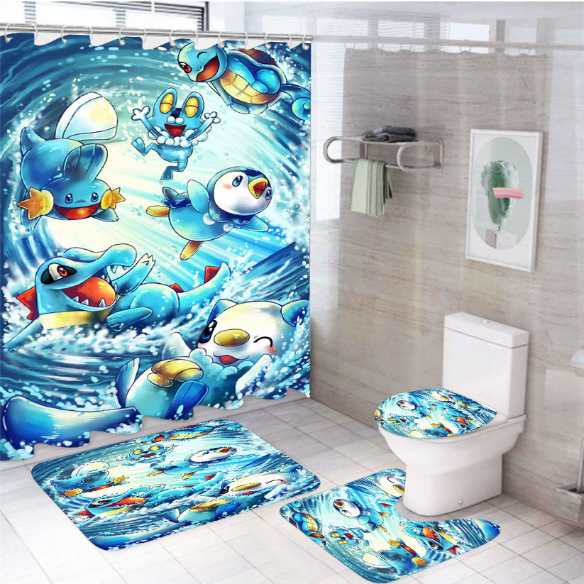 Pokemon Water Starter 4Pcs Bathroom Non-Slip Rugs Shower Curtain Fabric Waterproof