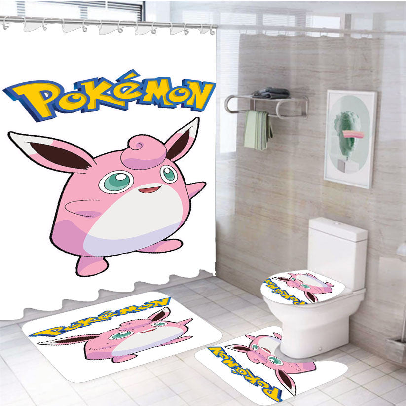 Pokemon Wigglytuff Pokedex 4Pcs Bathroom Non-Slip Rugs Shower Curtain Fabric Waterproof