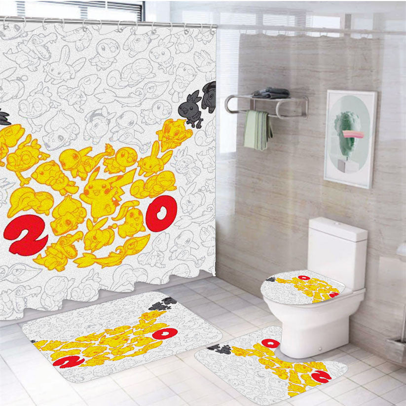 Pokemon Yellow Pikachu Pattern 4Pcs Bathroom Non-Slip Rugs Shower Curtain Fabric Waterproof