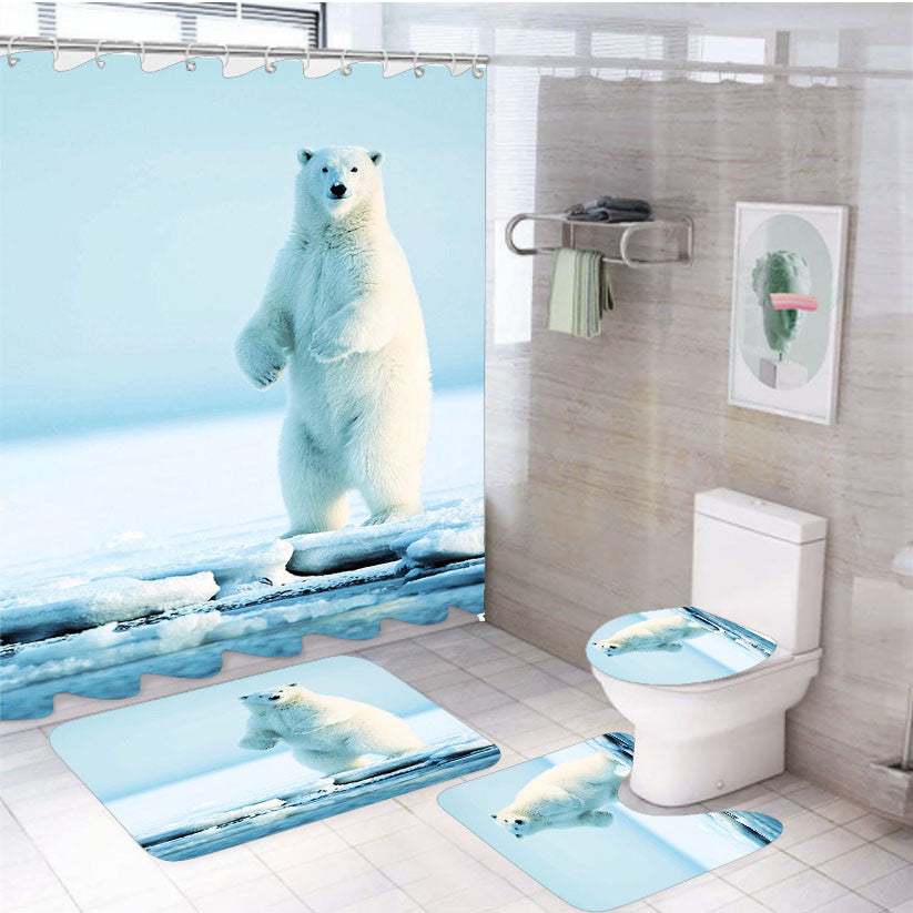 Polar Bear 4Pcs Bathroom Non-Slip Rugs Shower Curtain Fabric Waterproof