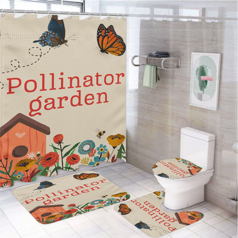 Pollinator 4Pcs Bathroom Non-Slip Rugs Shower Curtain Fabric Waterproof