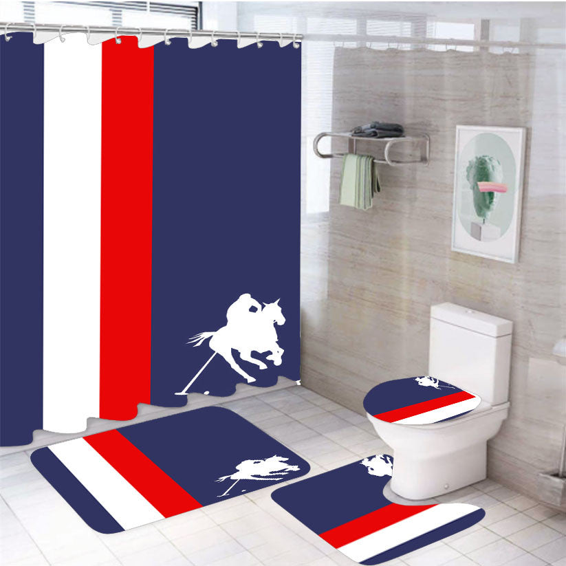 Polo Line Sport Horse Racing 4Pcs Bathroom Non-Slip Rugs Shower Curtain Fabric Waterproof