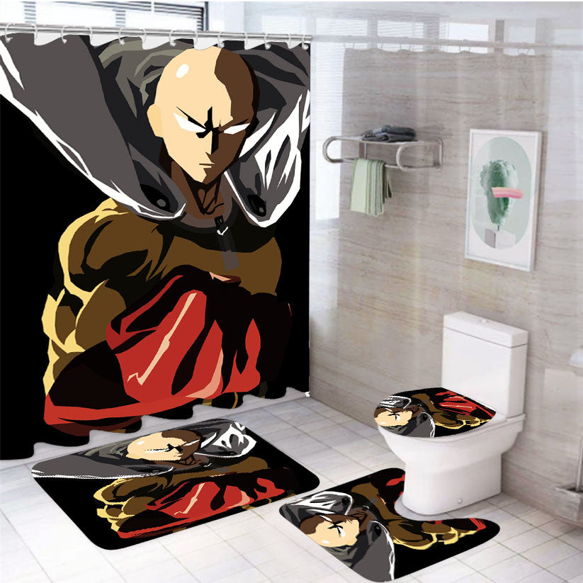 Poly Art One Punch Man Edition 4Pcs Bathroom Non-Slip Rugs Shower Curtain Fabric Waterproof