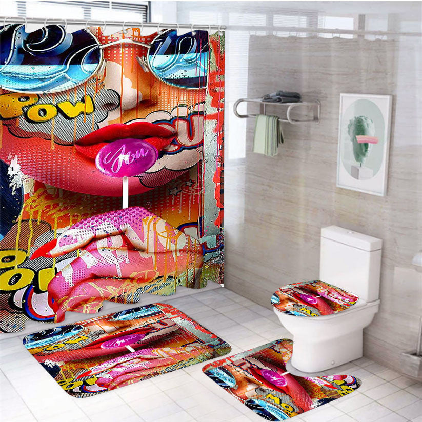Pop Art Girl With Candy Comic Style 4Pcs Bathroom Non-Slip Rugs Shower Curtain Fabric Waterproof