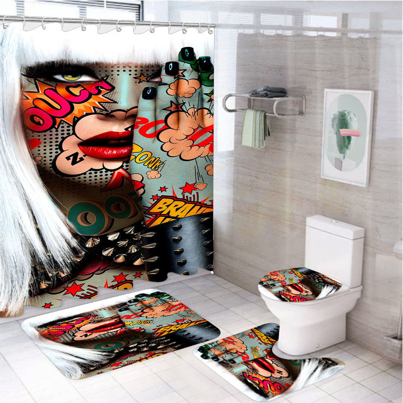 Pop Art Women Pattern Comic Style 4Pcs Bathroom Non-Slip Rugs Shower Curtain Fabric Waterproof