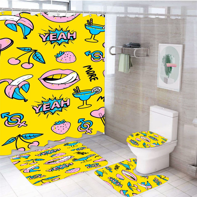 Pop Cartoon Pattern Lips And Tropical Yellow Background 4Pcs Bathroom Non-Slip Rugs Shower Curtain Fabric Waterproof