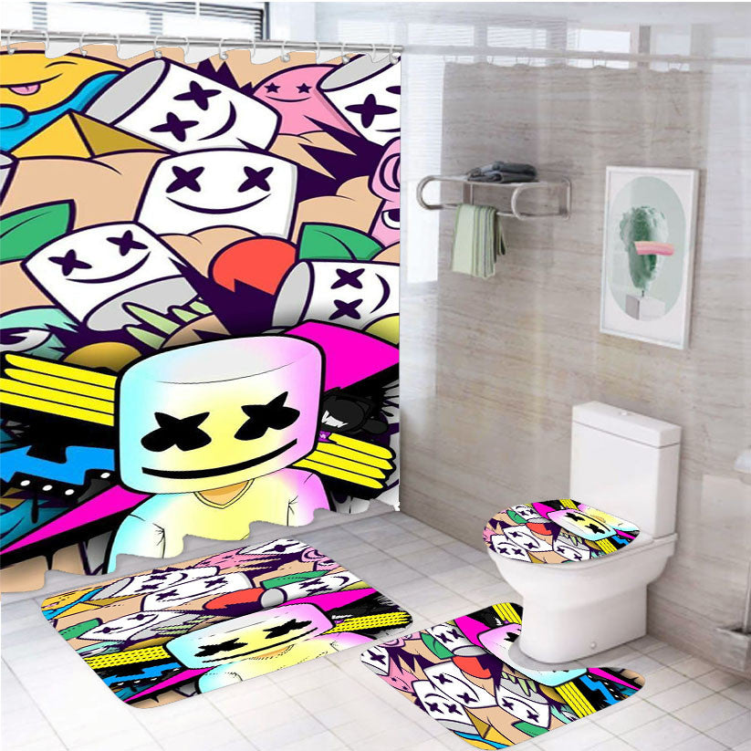 Pop Marshmellow Pattern 4Pcs Bathroom Non-Slip Rugs Shower Curtain Fabric Waterproof