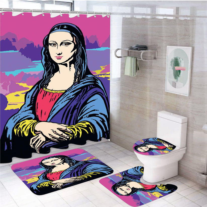 Popart Monalisa 4Pcs Bathroom Non-Slip Rugs Shower Curtain Fabric Waterproof