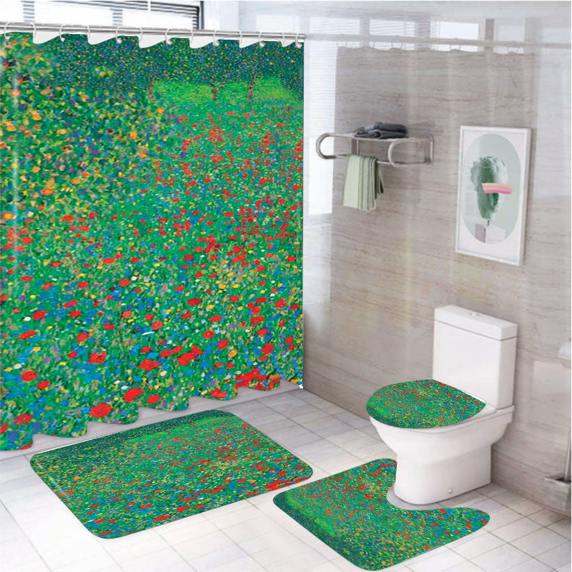 Poppy Field 4Pcs Bathroom Non-Slip Rugs Shower Curtain Fabric Waterproof