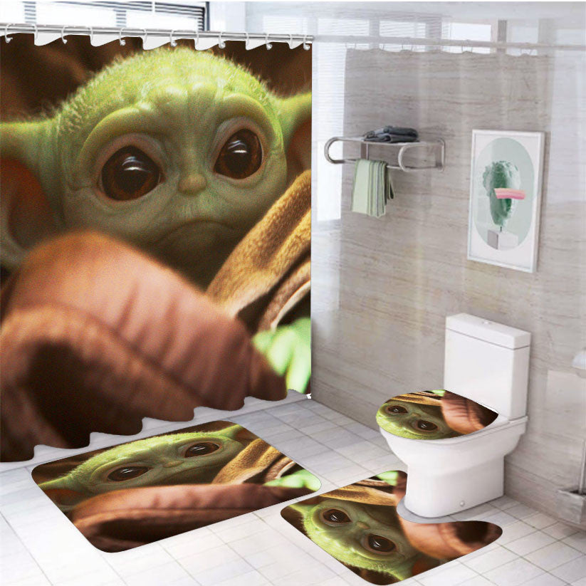 Popular Baby Yoda 4Pcs Bathroom Non-Slip Rugs Shower Curtain Fabric Waterproof
