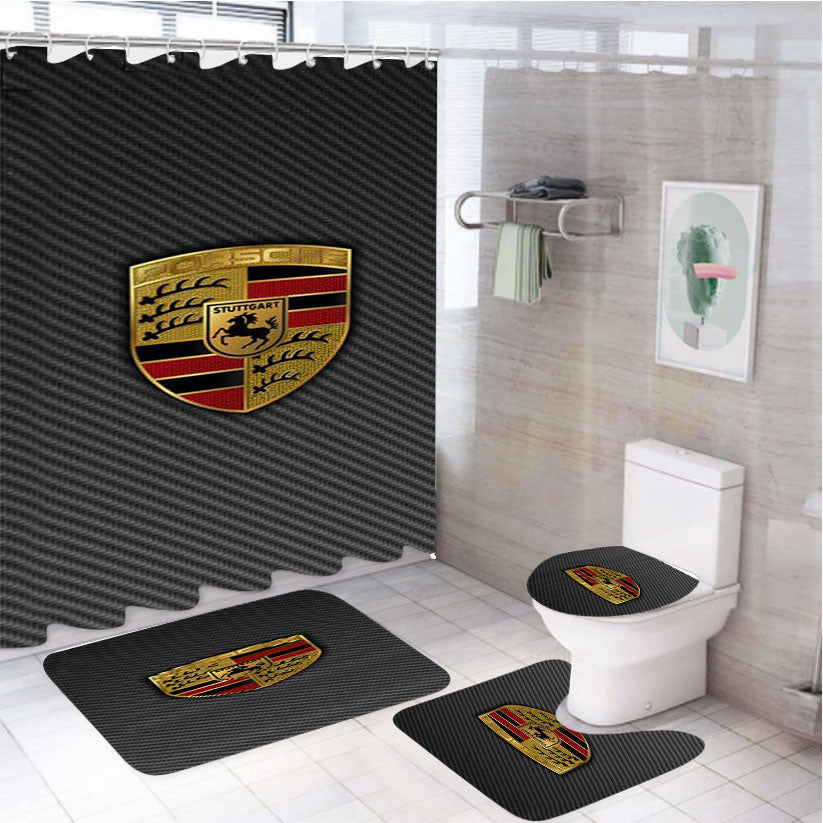 Porsche Badge Logo 4Pcs Bathroom Non-Slip Rugs Shower Curtain Fabric Waterproof