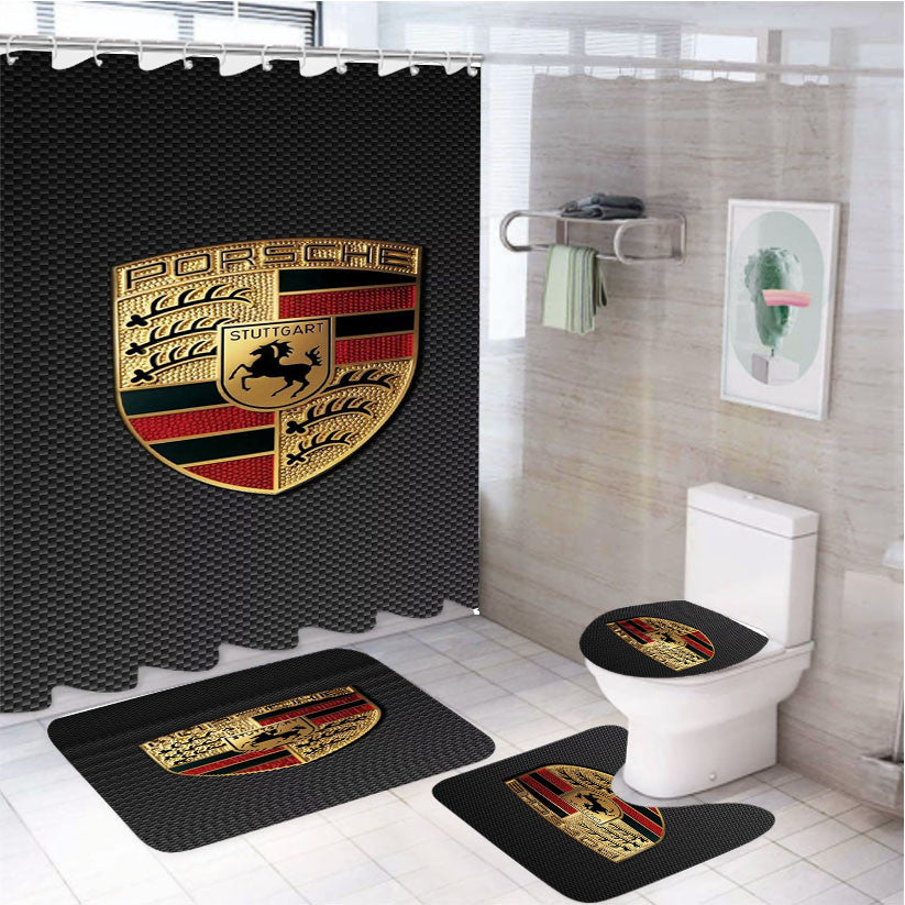 Porsche Carbon Logo 4Pcs Bathroom Non-Slip Rugs Shower Curtain Fabric Waterproof