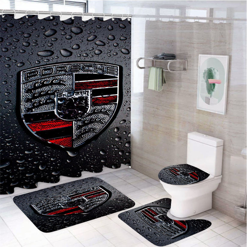 Porsche Logo Car Pictures Wallpaper 4Pcs Bathroom Non-Slip Rugs Shower Curtain Fabric Waterproof