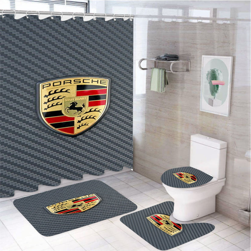 Porsche Logo Fiber 4Pcs Bathroom Non-Slip Rugs Shower Curtain Fabric Waterproof
