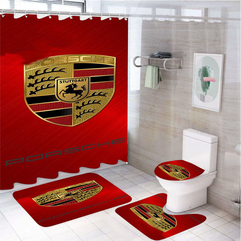 Porsche Red Design 4Pcs Bathroom Non-Slip Rugs Shower Curtain Fabric Waterproof