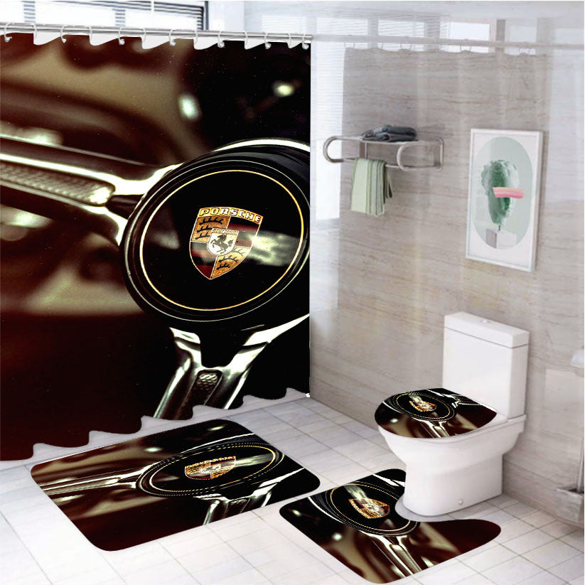 Porsche Steering Wheel 4Pcs Bathroom Non-Slip Rugs Shower Curtain Fabric Waterproof