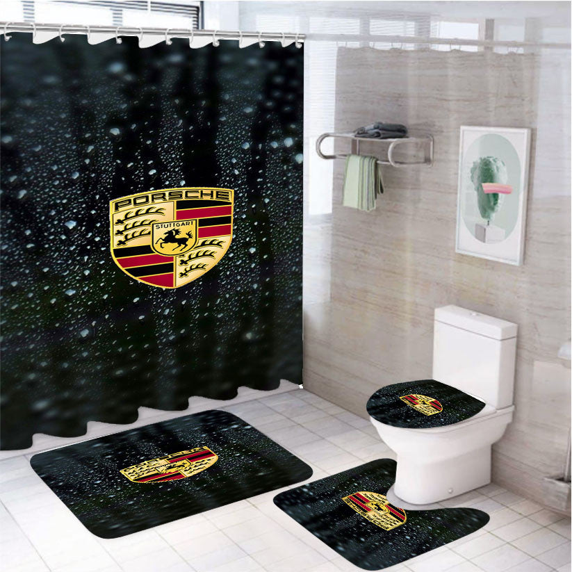 Porsche Wallpaper Logo 4Pcs Bathroom Non-Slip Rugs Shower Curtain Fabric Waterproof
