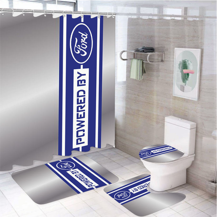 Powered By Ford Silver Plate 4Pcs Bathroom Non-Slip Rugs Shower Curtain Fabric Waterproof