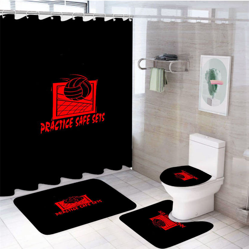 Practice Safe Sets Funny Gym Fitness 4Pcs Bathroom Non-Slip Rugs Shower Curtain Fabric Waterproof