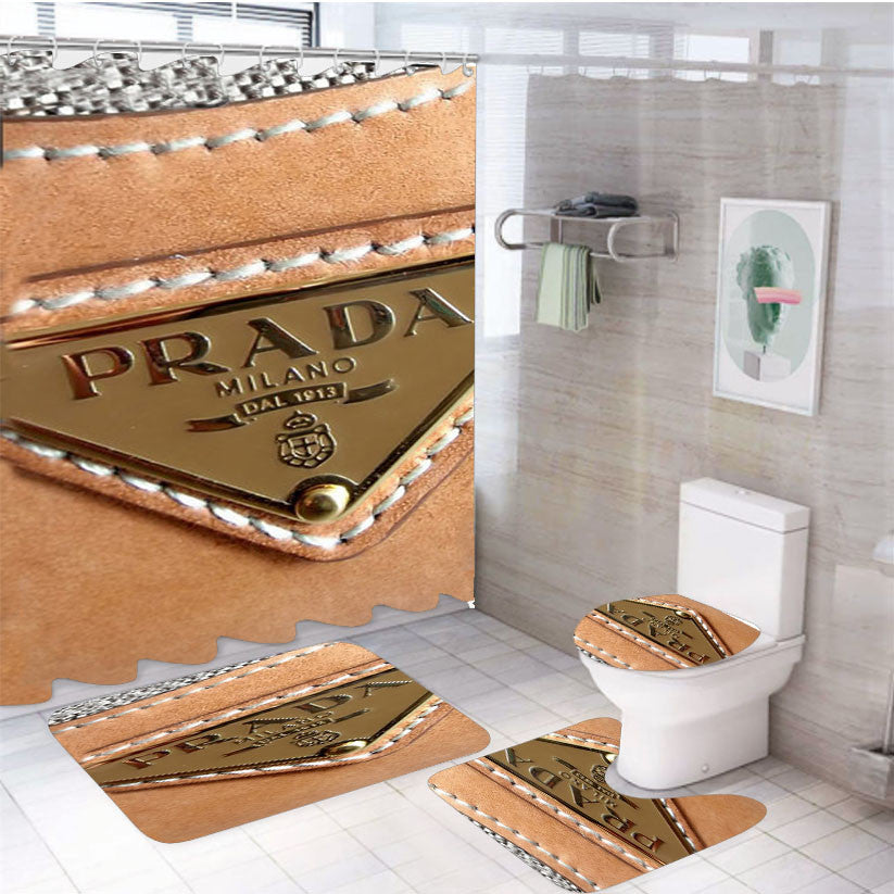 Prada Logo Bag 4Pcs Bathroom Non-Slip Rugs Shower Curtain Fabric Waterproof