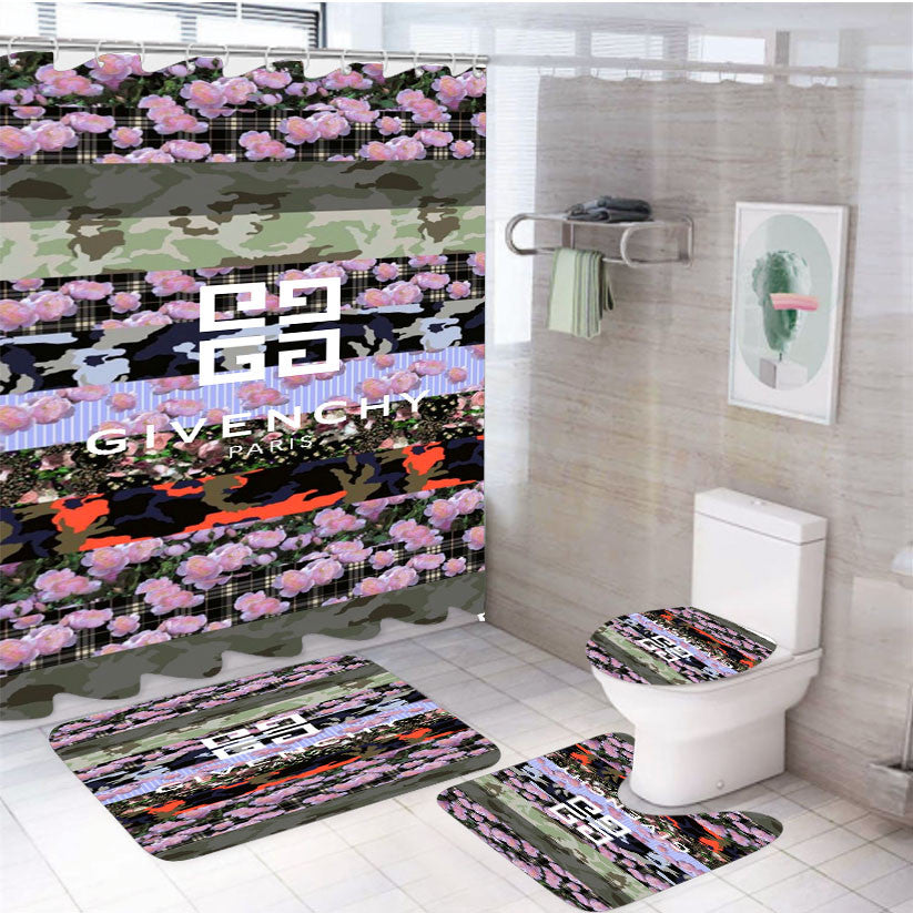 Pre Spring Flower Givenchy 4Pcs Bathroom Non-Slip Rugs Shower Curtain Fabric Waterproof