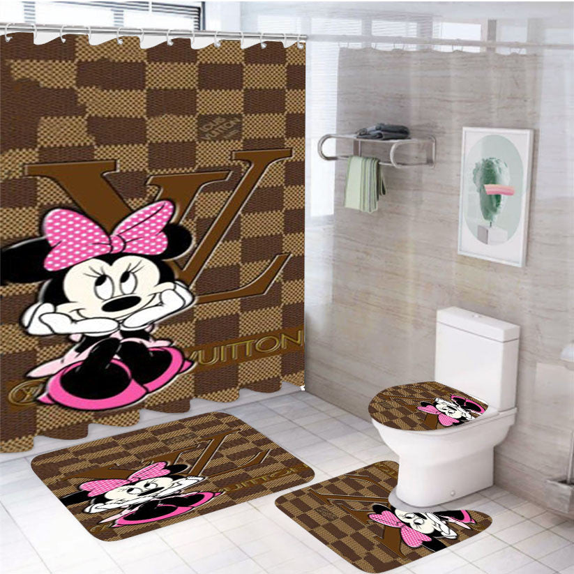Pretty Minnie Mouse Fashion Lv 4Pcs Bathroom Non-Slip Rugs Shower Curtain Fabric Waterproof