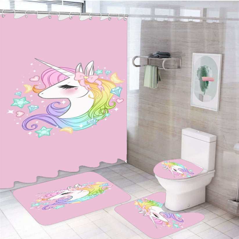 Pretty Unicorn Art 4Pcs Bathroom Non-Slip Rugs Shower Curtain Fabric Waterproof