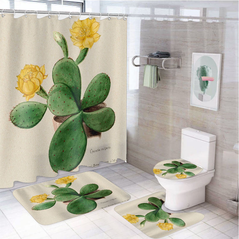 Prickly Pear Cactus 4Pcs Bathroom Non-Slip Rugs Shower Curtain Fabric Waterproof