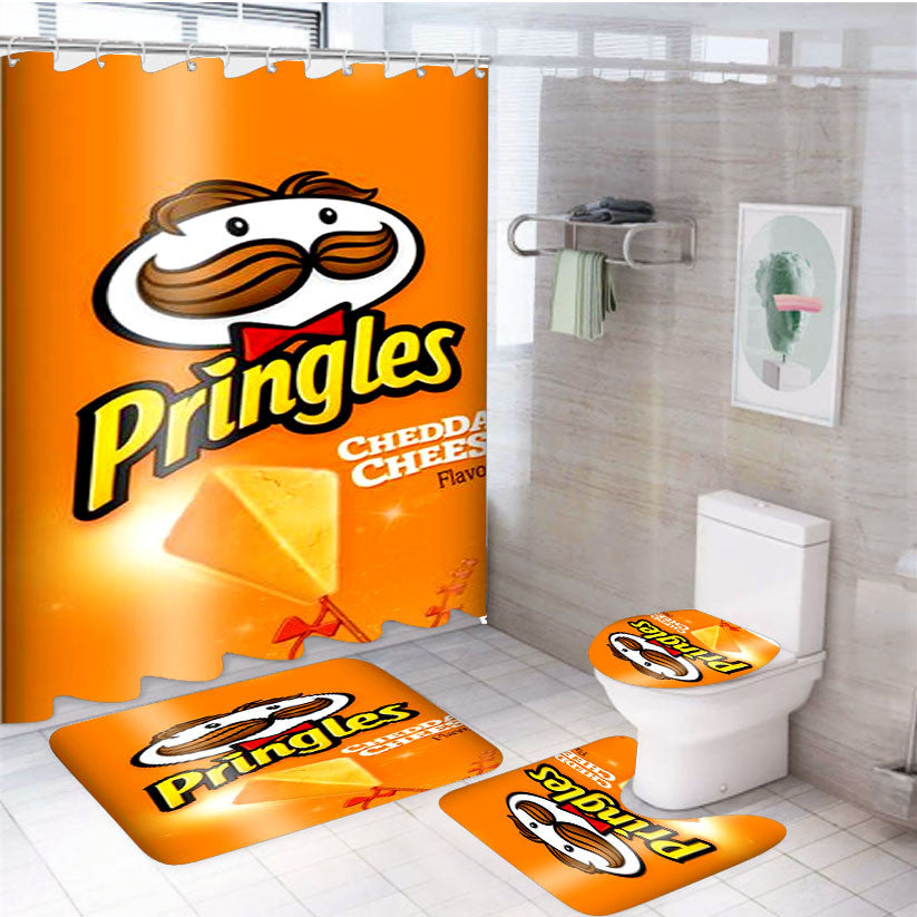 Pringles Cheddar Cheese Flavour 4Pcs Bathroom Non-Slip Rugs Shower Curtain Fabric Waterproof